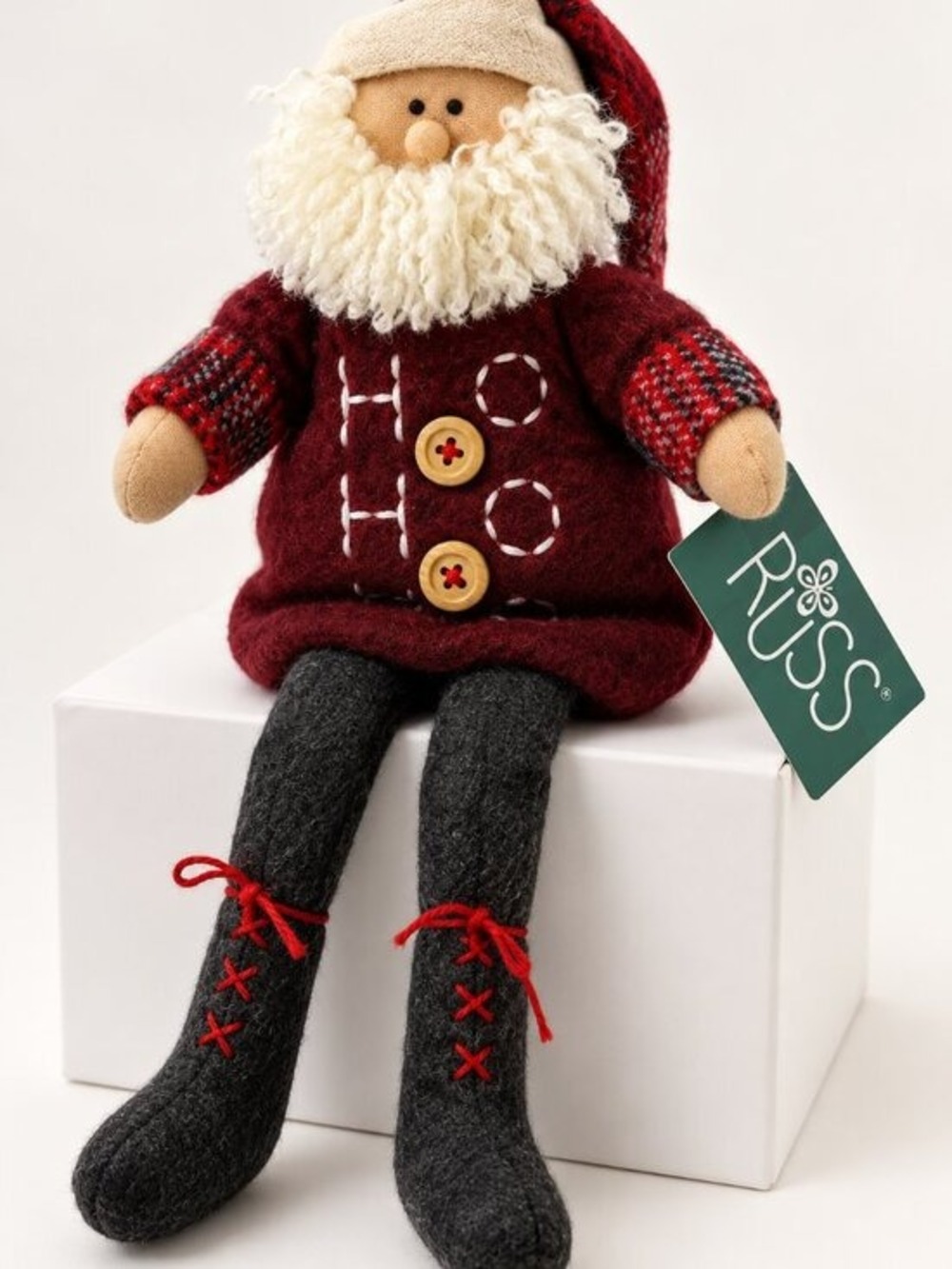 Russ Santa Claus Ho Ho Ho Plush Shelf Sitter 11" Christmas Decor NWT